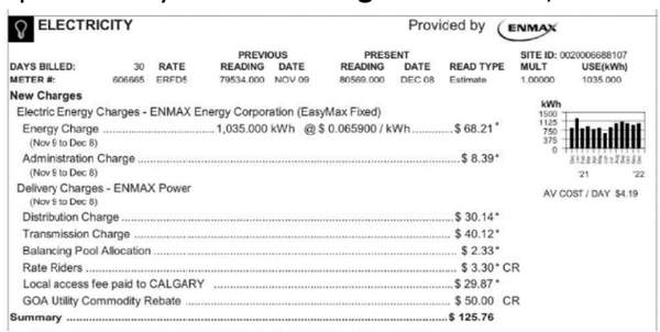 kWh charges on bill example